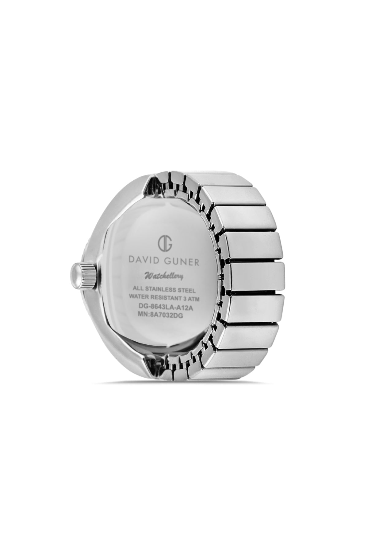 David Guner 8643LA-A12A unisex ring watch with yellow dial, silver-tone case and stretch ring band – case back view