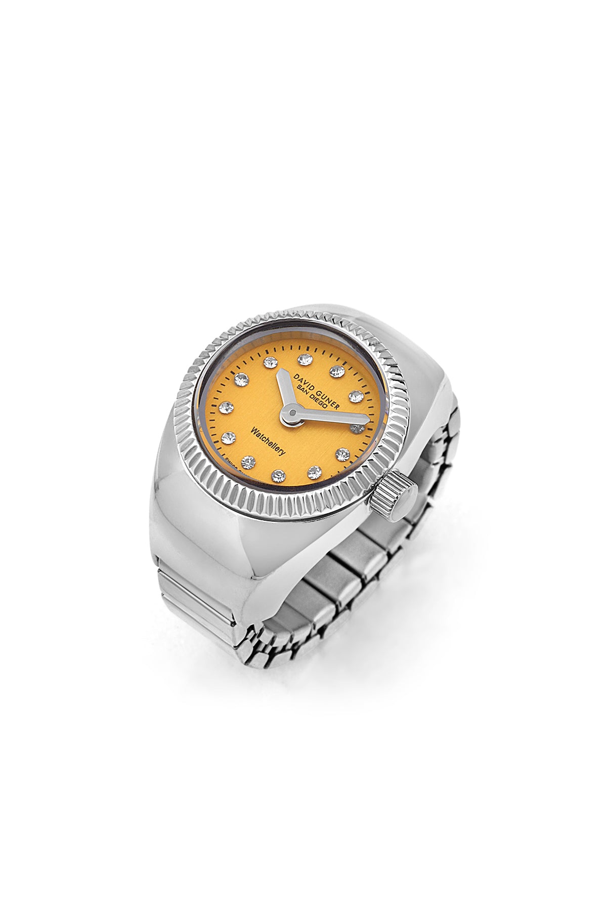 David Guner 8643LA-A12A unisex ring watch with yellow dial, silver-tone case and stretch ring band – front view