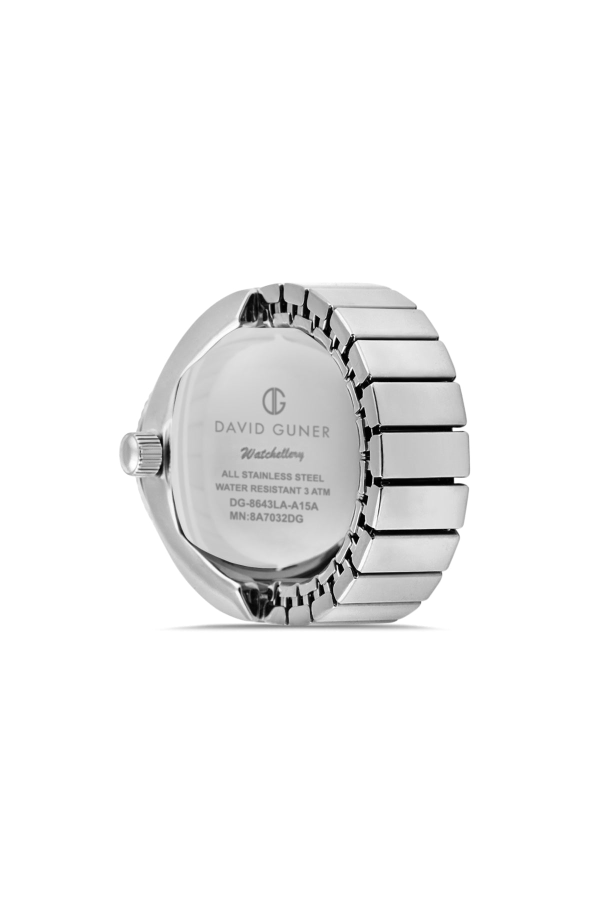 David Guner 8643LA-A15A unisex ring watch with turquoise dial, silver-tone case and stretch ring band – case back view