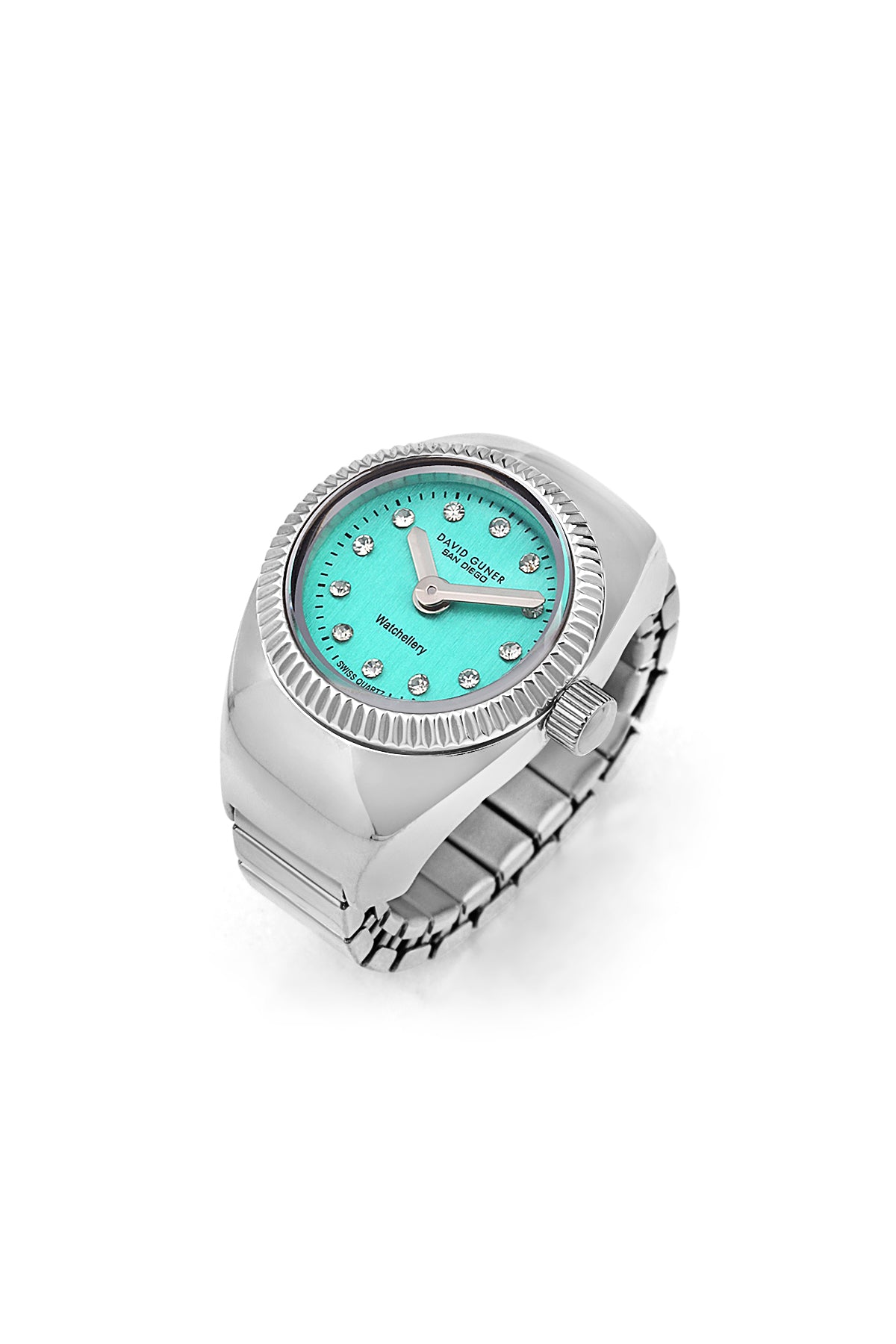 David Guner 8643LA-A15A unisex ring watch with turquoise dial, silver-tone case and stretch ring band – front view