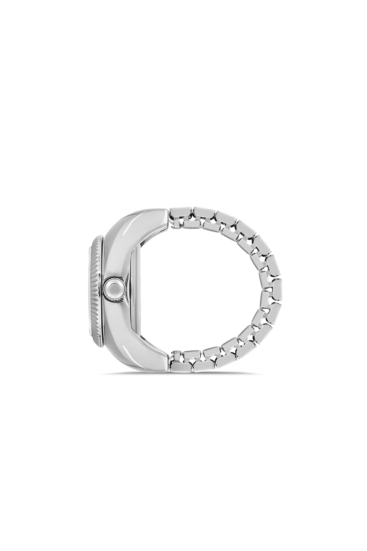 David Guner 8643LA-A15A unisex ring watch with turquoise dial, silver-tone case and stretch ring band – side view