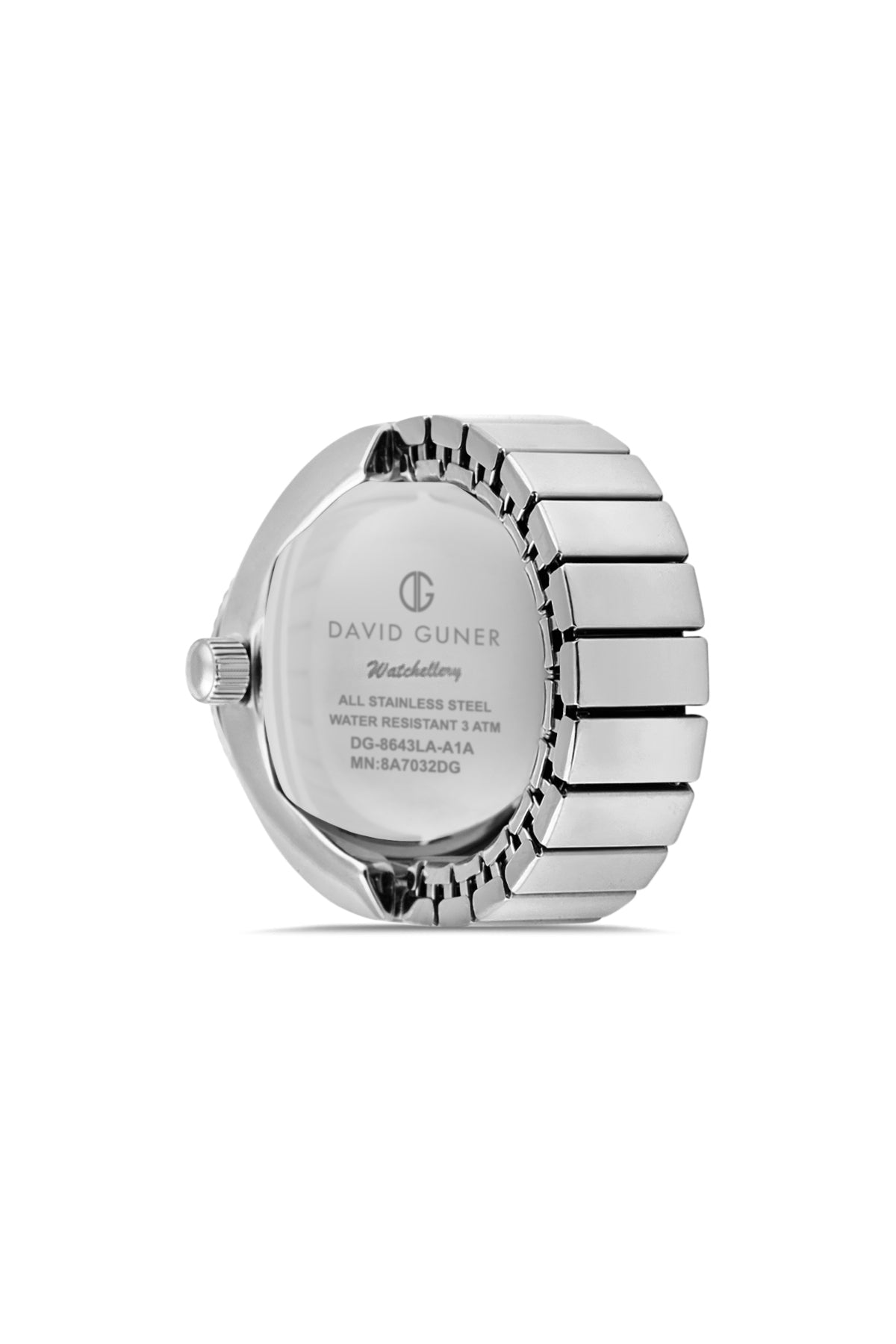 David Guner 8643LA-A1A unisex ring watch with white dial, silver-tone case and stretch ring band – case back view