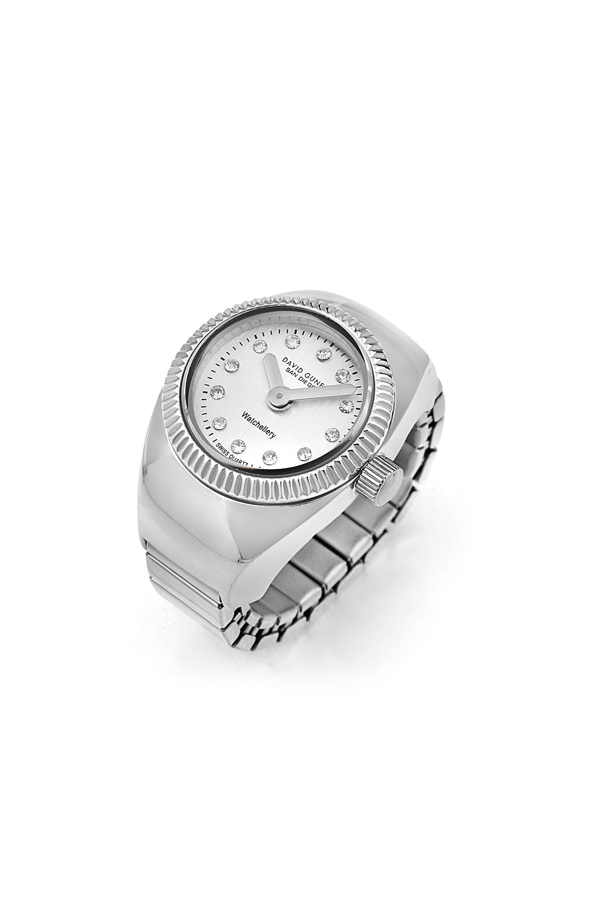 David Guner 8643LA-A1A unisex ring watch with white dial, silver-tone case and stretch ring band – front view
