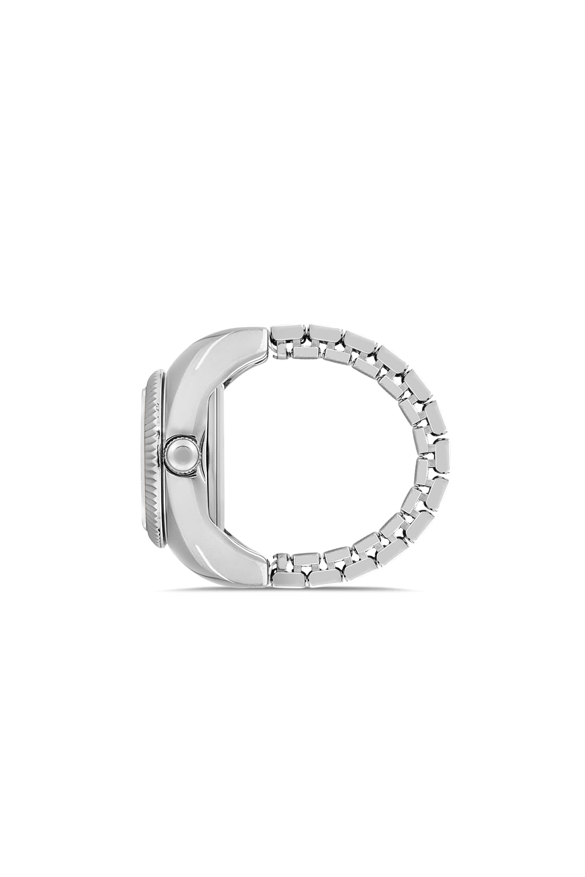 David Guner 8643LA-A1A unisex ring watch with white dial, silver-tone case and stretch ring band – side view