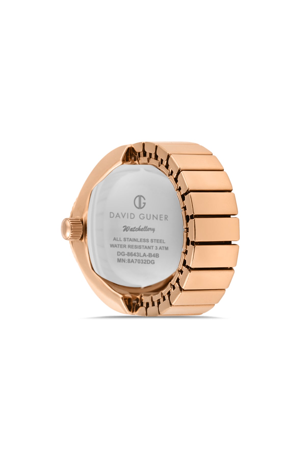 David Guner 8643LA-C5C unisex ring watch with rose dial, rose gold-tone case and stretch ring band – case back view