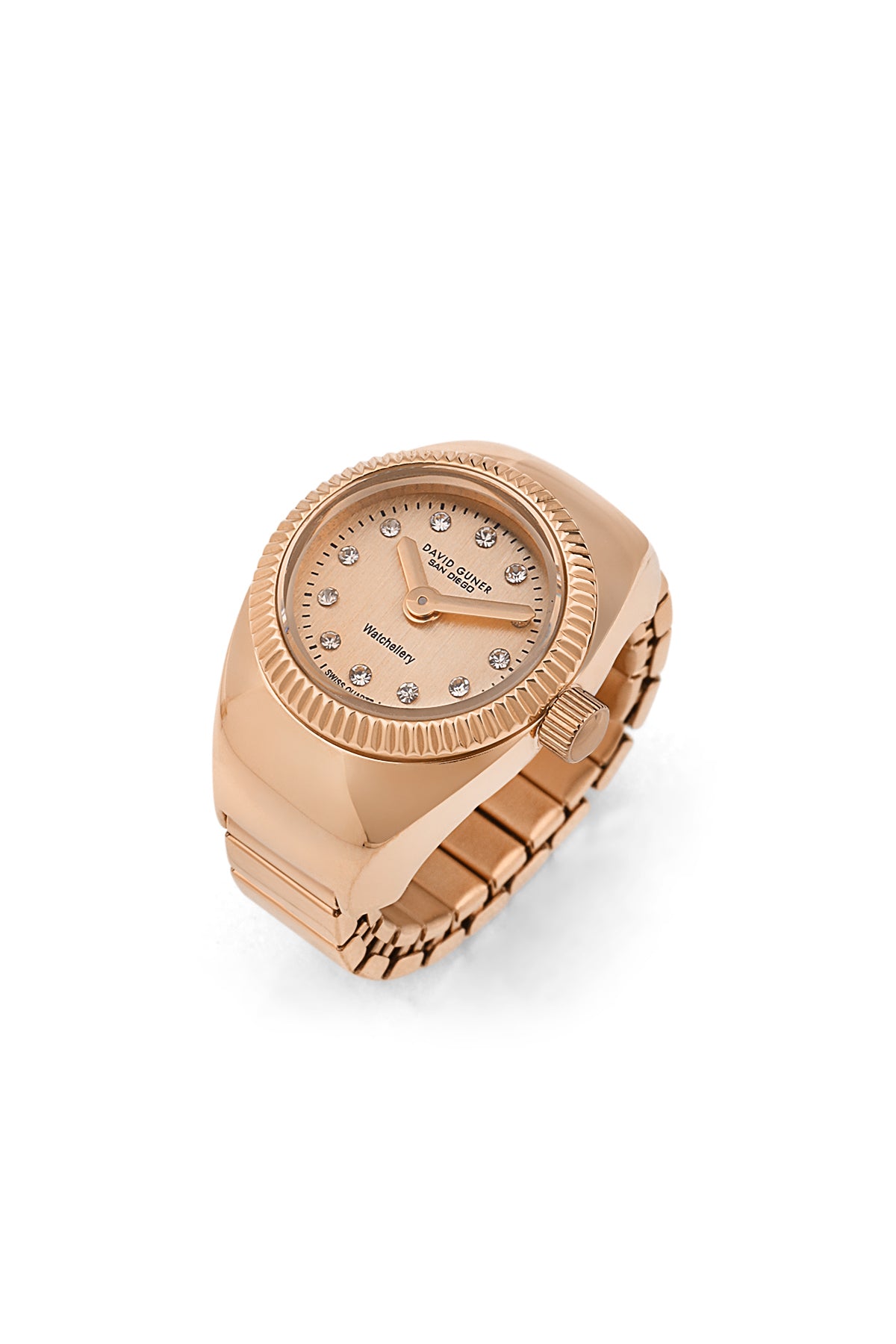 David Guner 8643LA-C5C unisex ring watch with rose dial, rose gold-tone case and stretch ring band – front view