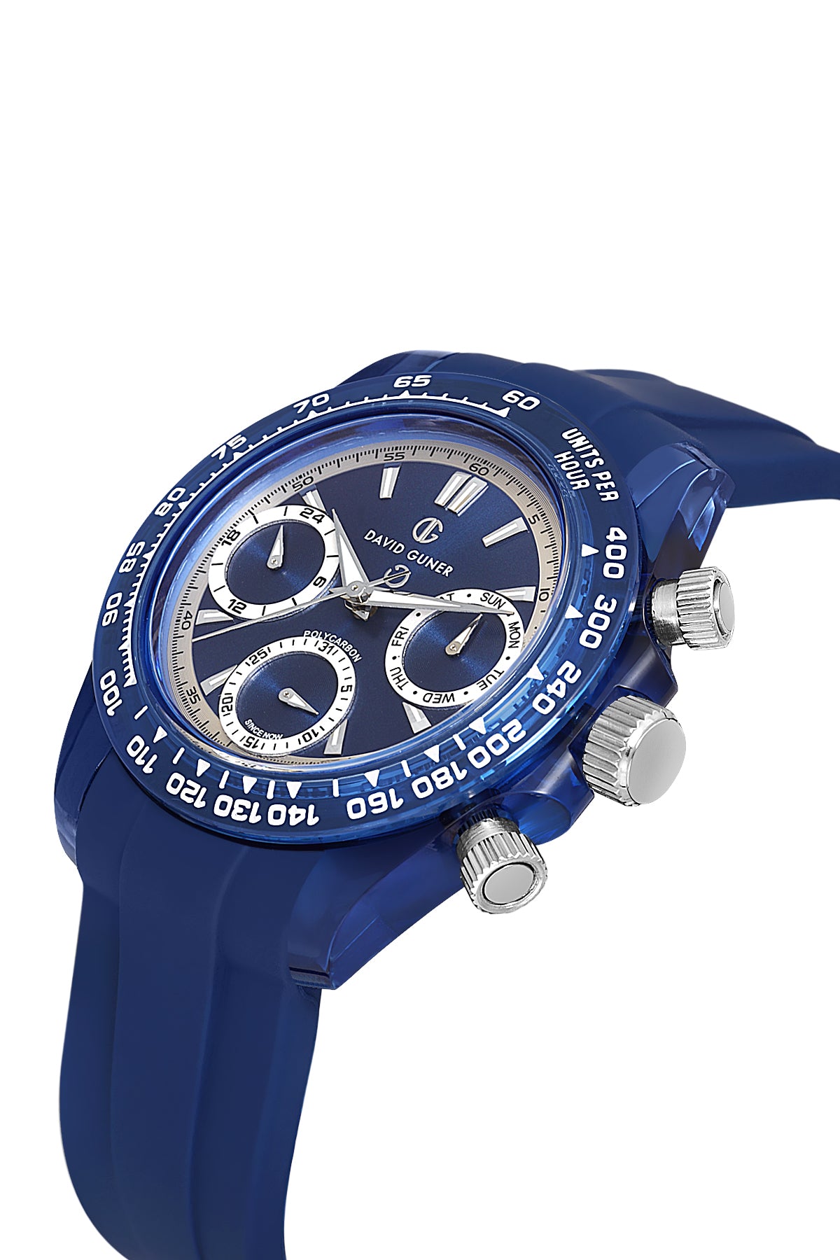 David Guner 8658GD-H3 men's watch with blue dial, blue polycarbonate case and blue silicone strap – angled view