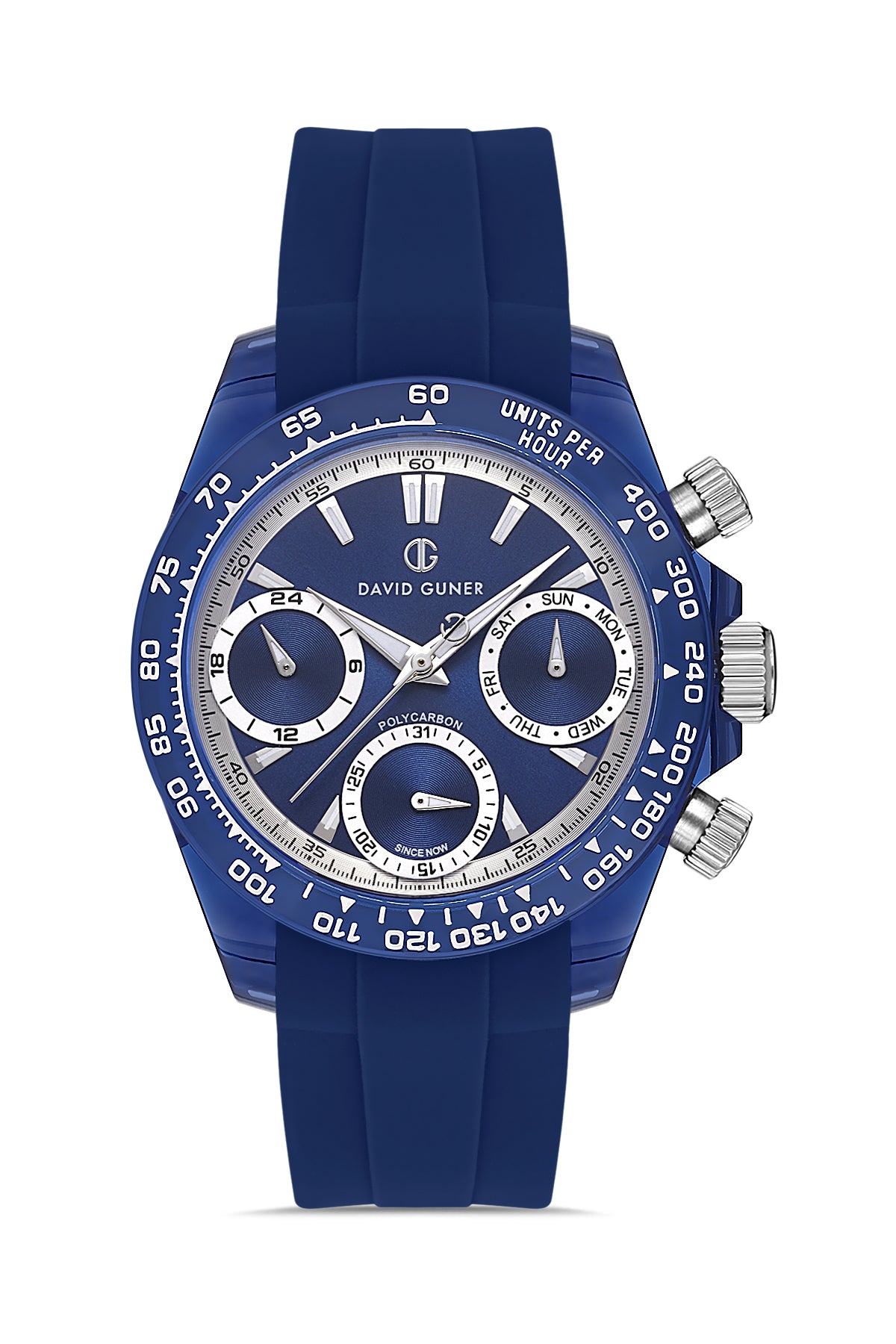 David Guner 8658GD-H3 men's watch with blue dial, blue polycarbonate case and blue silicone strap – front view