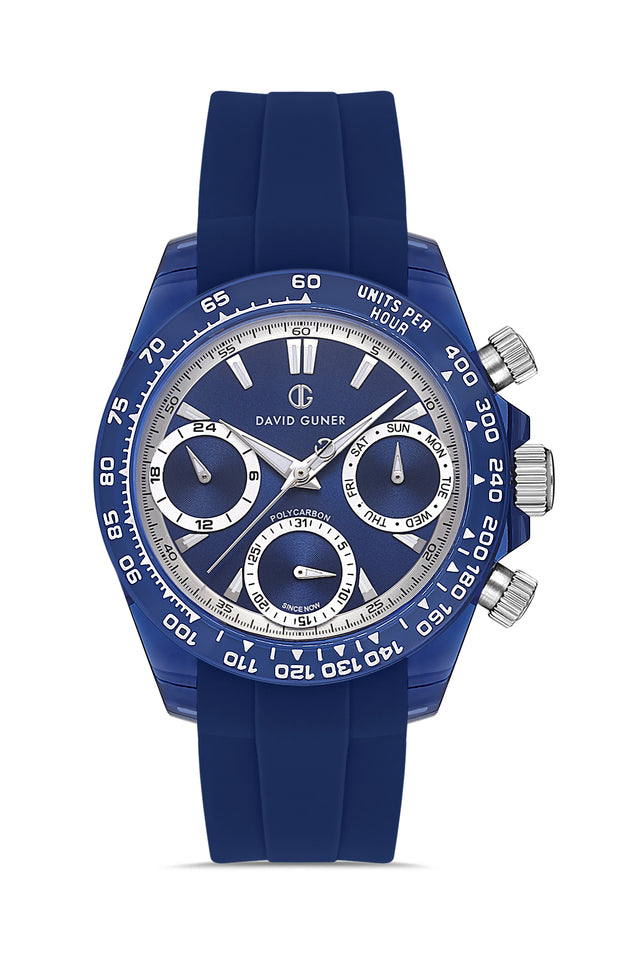 David Guner 8658GD-H3 men's watch with blue dial, blue polycarbonate case and blue silicone strap – front view