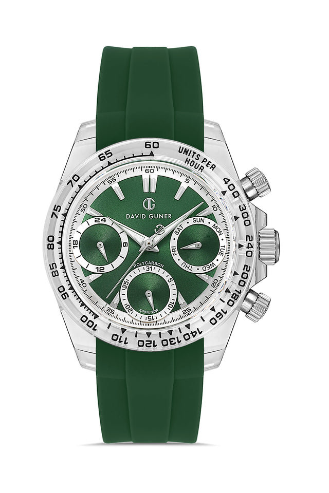David Guner 8658GD-ZM10 men's watch with green dial, clear polycarbonate case and green silicone strap – front view