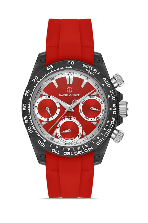 David Guner 8658GD-ZP8 men's watch with red dial, black polycarbonate case and red silicone strap – front view