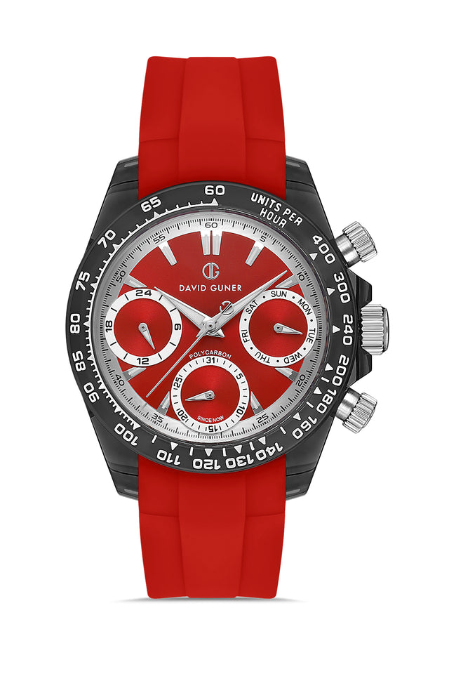 David Guner 8658GD-ZP8 men's watch with red dial, black polycarbonate case and red silicone strap – front view