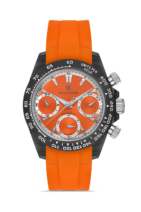 David Guner 8658GD-ZQ11 men's watch with orange dial, black polycarbonate case and orange silicone strap – front view