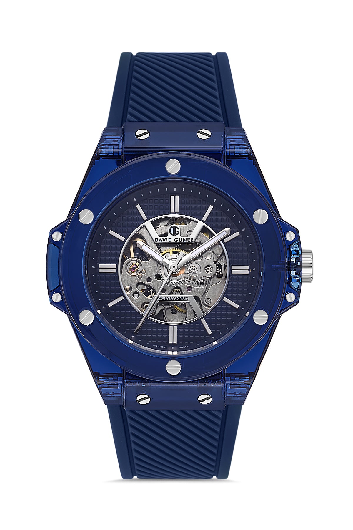 David Guner 8659GD-H3 men's automatic watch with blue dial, blue polycarbonate case and blue silicone strap – front view