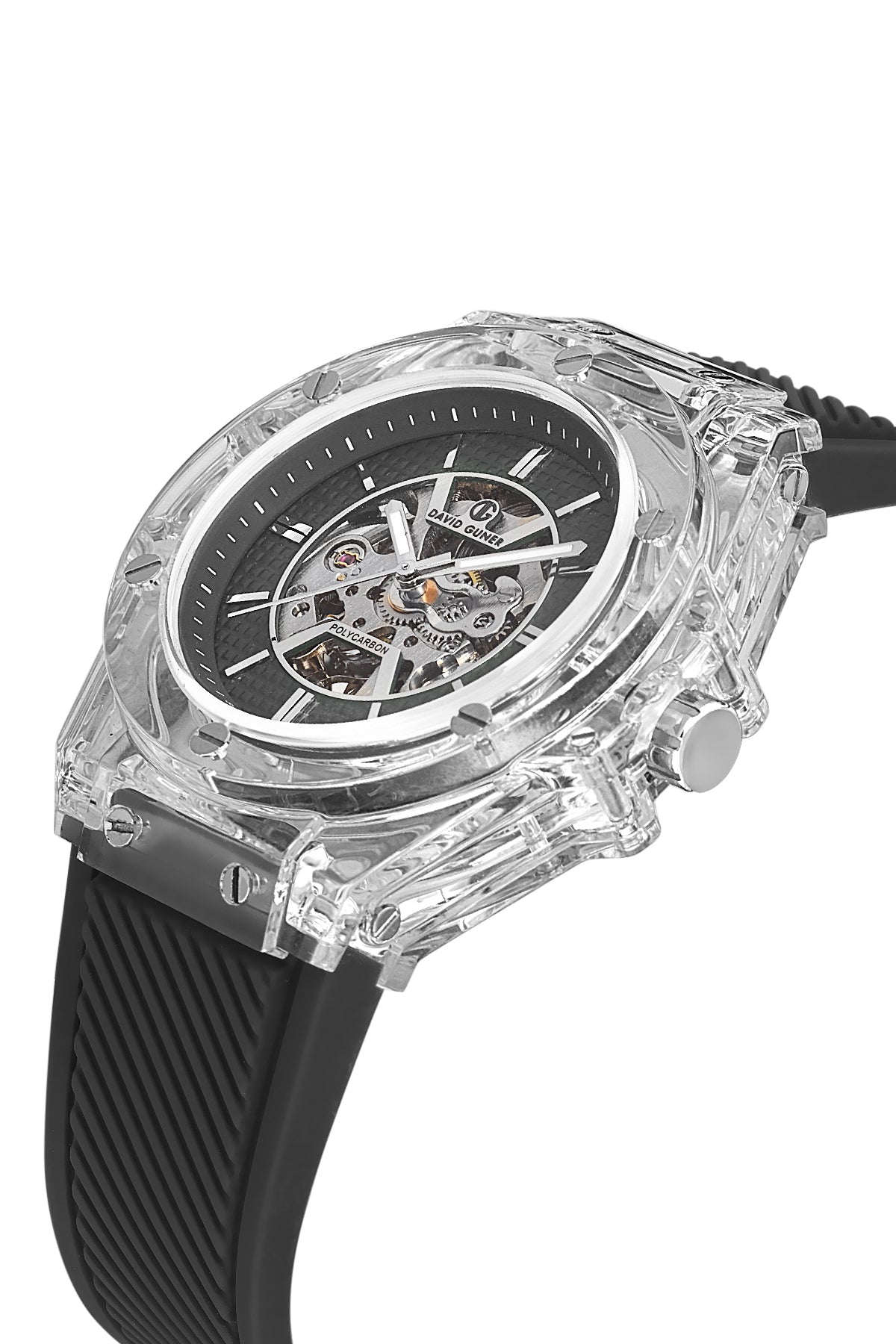 David Guner 8659GD-J2 men's automatic watch with black dial, clear polycarbonate case and black silicone strap – angled view