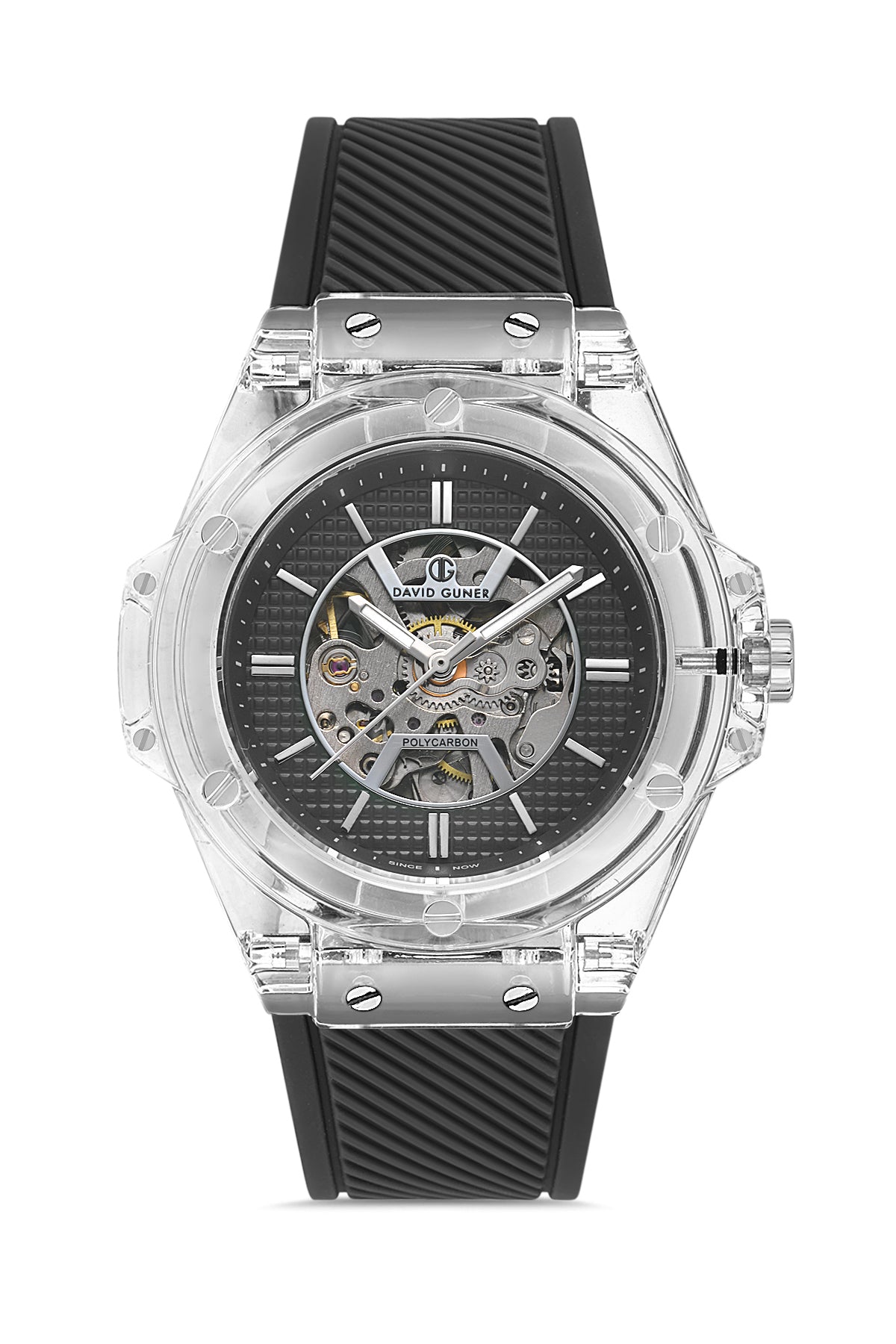 David Guner 8659GD-J2 men's automatic watch with black dial, clear polycarbonate case and black silicone strap – front view