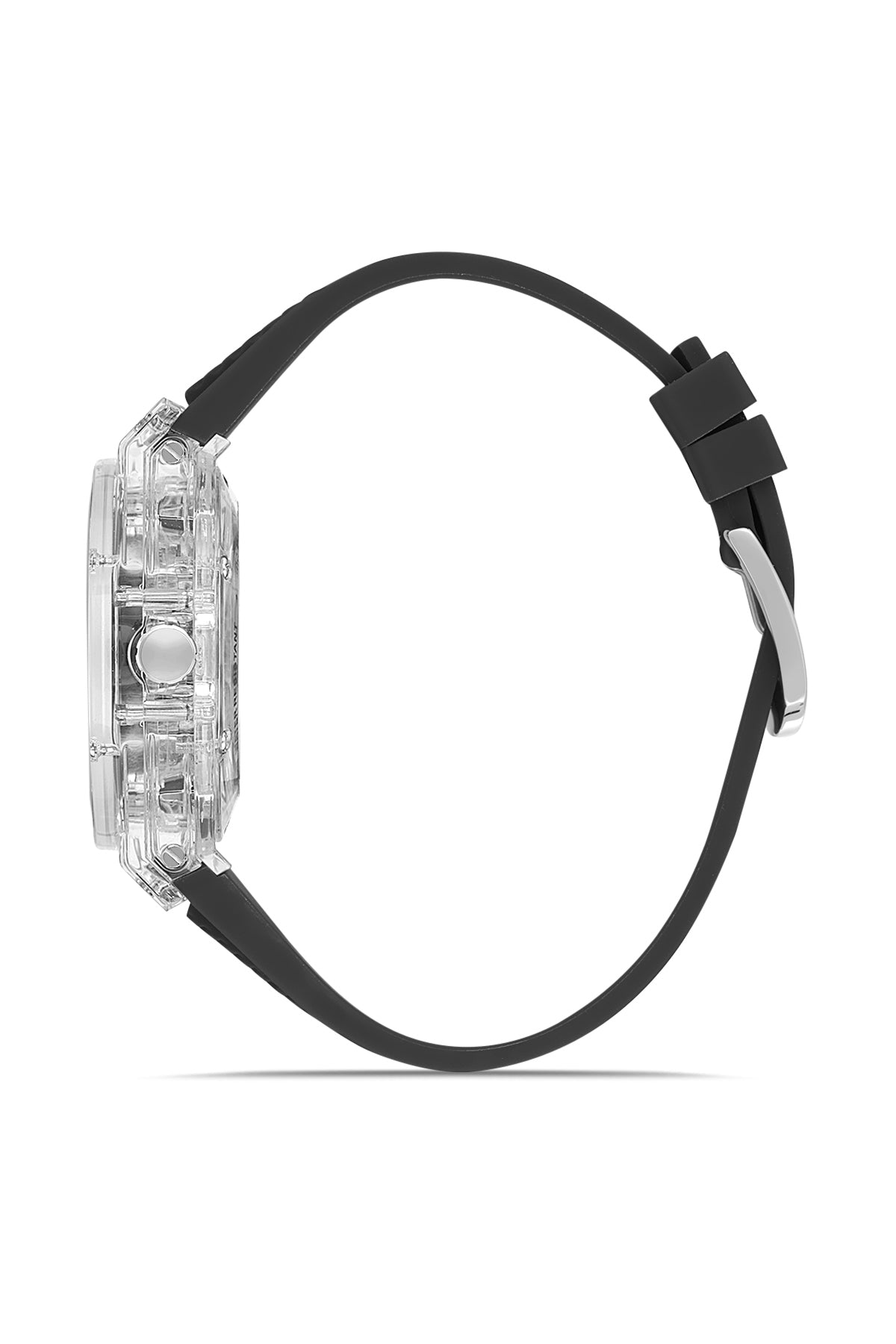David Guner 8659GD-J2 men's automatic watch with black dial, clear polycarbonate case and black silicone strap – side view
