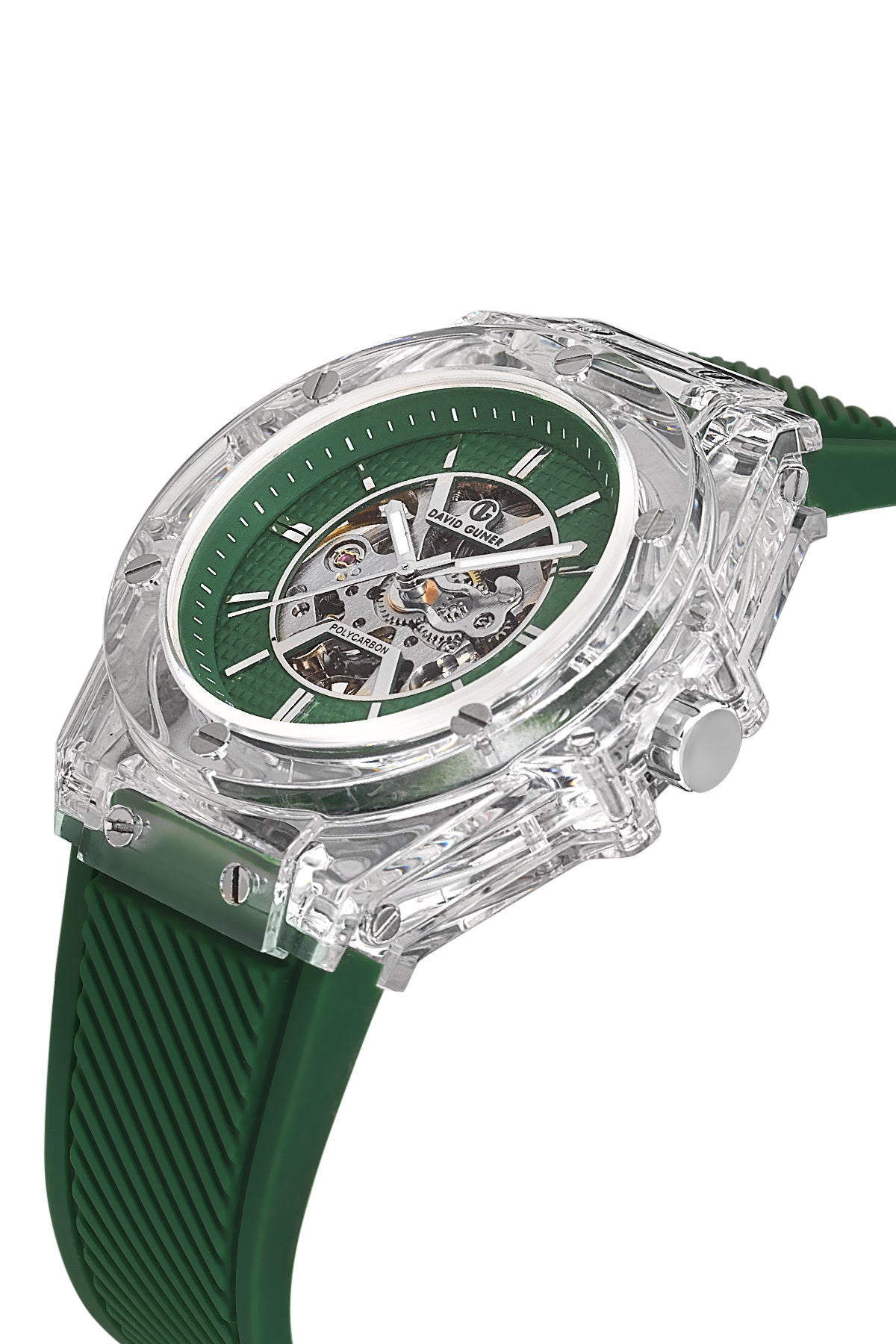 David Guner 8659GD-ZM10 men's automatic watch with green dial, clear polycarbonate case and green silicone strap – angled view