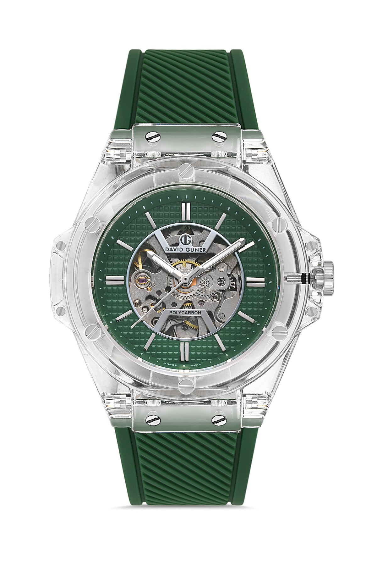David Guner 8659GD-ZM10 men's automatic watch with green dial, clear polycarbonate case and green silicone strap – front view