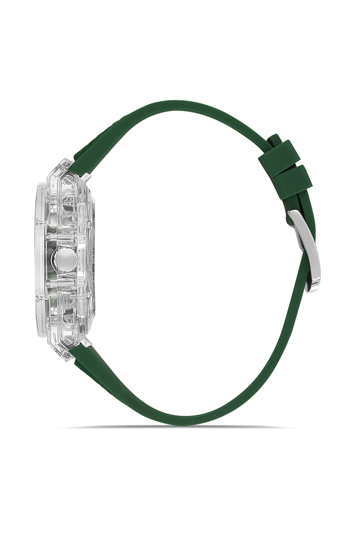 David Guner 8659GD-ZM10 men's automatic watch with green dial, clear polycarbonate case and green silicone strap – side view