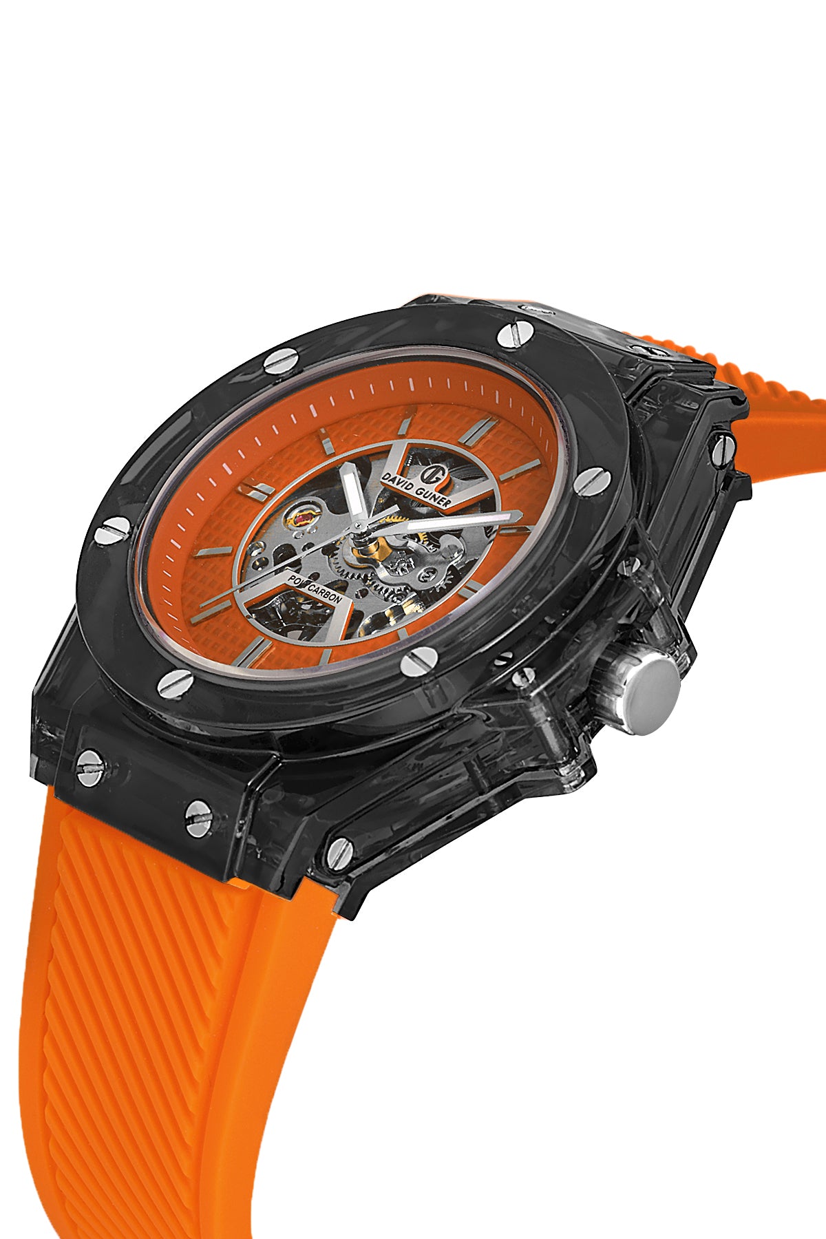David Guner 8659GD-ZQ11 men's automatic watch with orange dial, black polycarbonate case and orange silicone strap – angled view