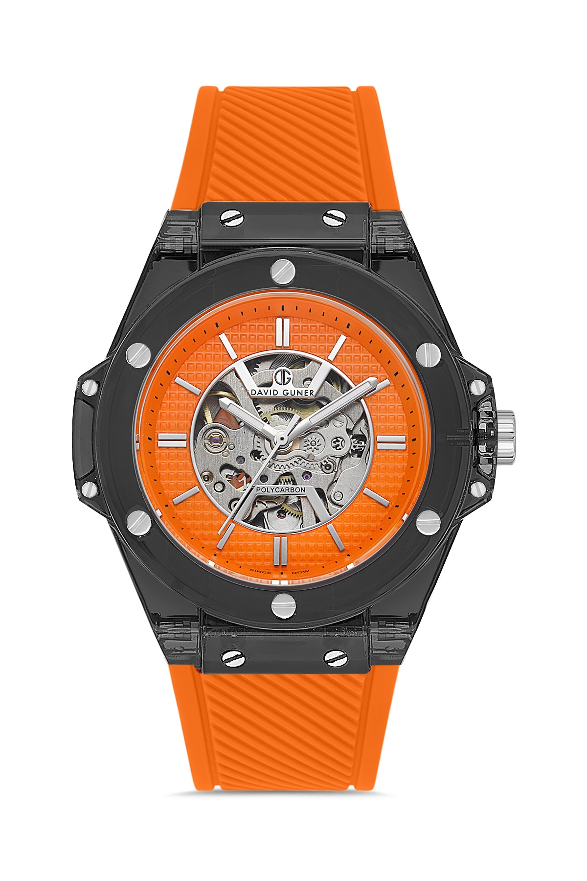 David Guner 8659GD-ZQ11 men's automatic watch with orange dial, black polycarbonate case and orange silicone strap – front view