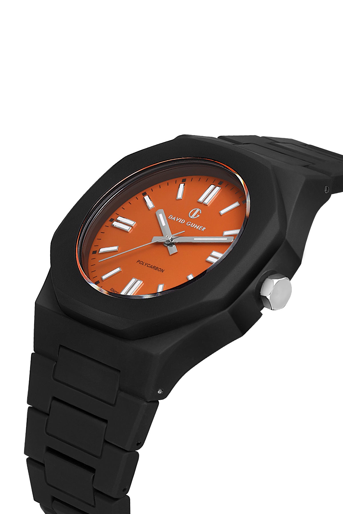 David Guner 8660GD-G11 men's watch with orange dial, black polycarbonate case and polycarbonate bracelet – angled view