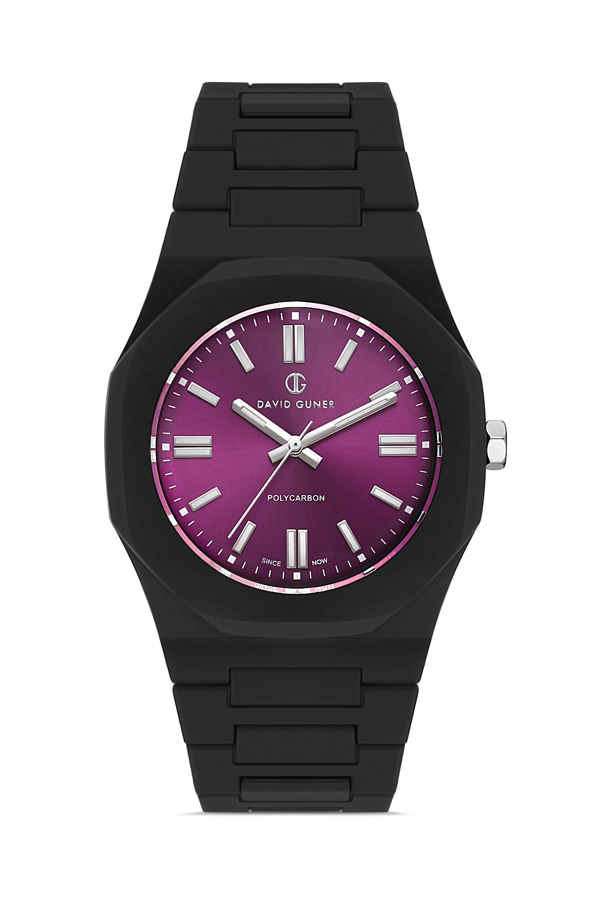 David Guner 8660GD-G7 men's watch with purple dial, black polycarbonate case and polycarbonate bracelet – front view