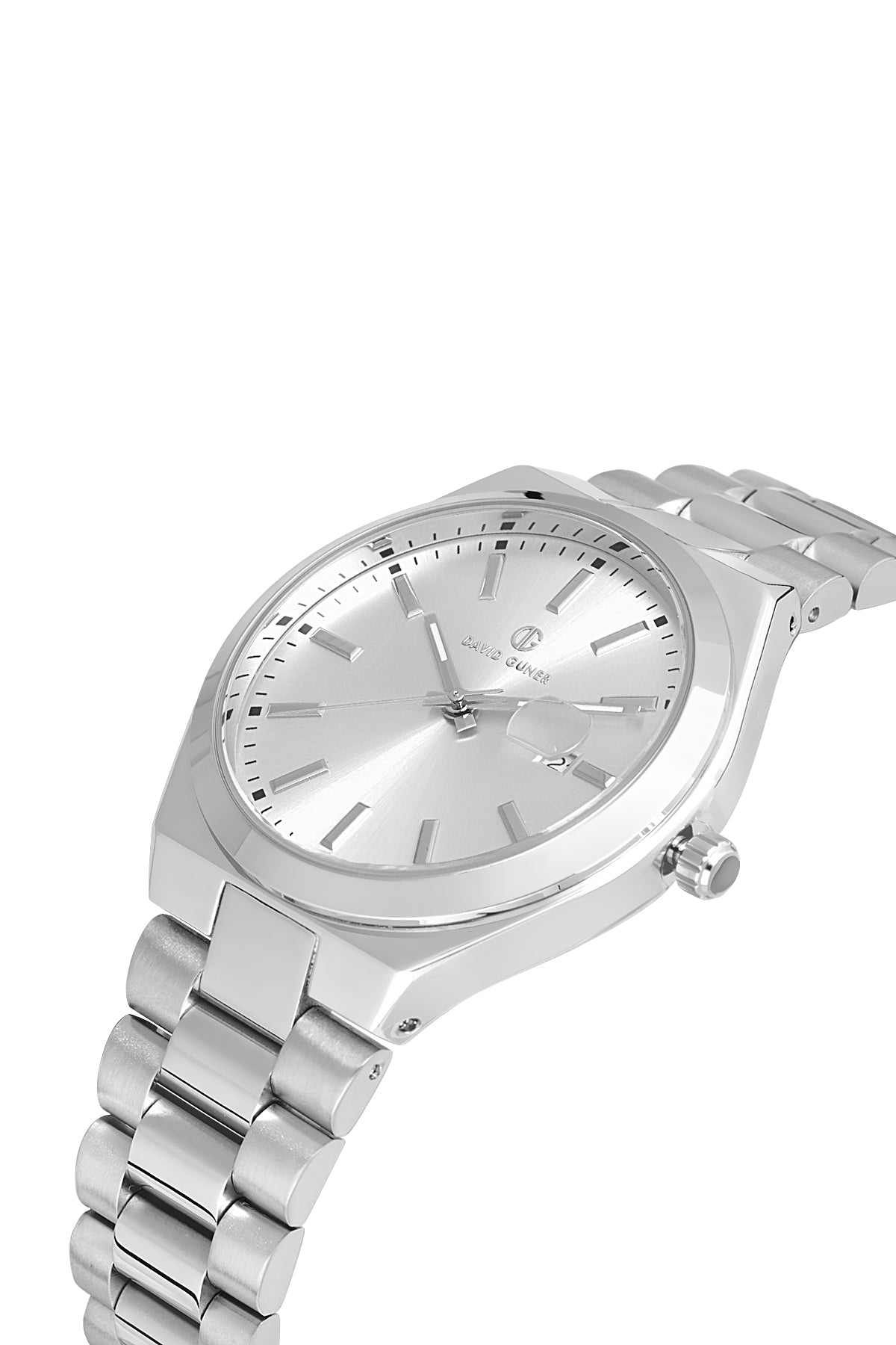 David Guner 8697GA-A1 men's watch with silver dial, silver-tone case and stainless steel bracelet – angled view