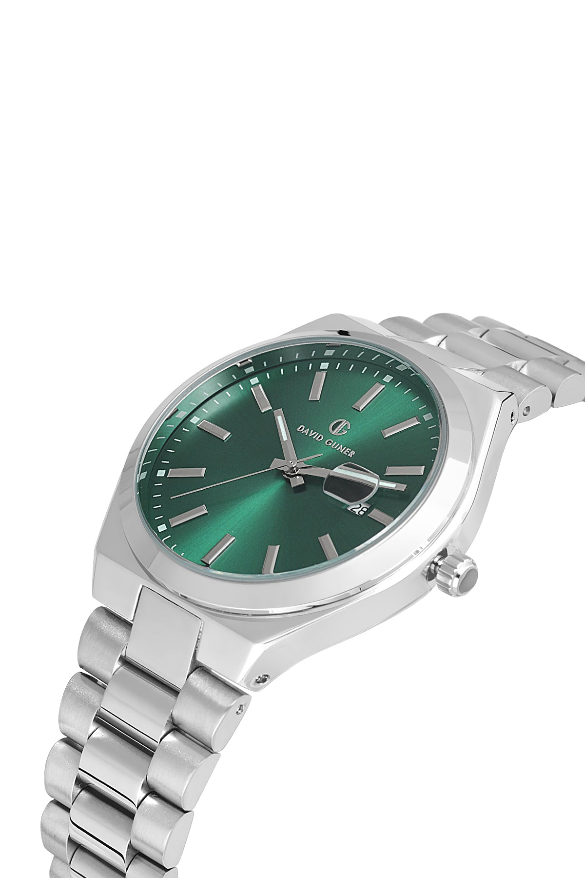 David Guner 8697GA-A10 men's watch with green dial, silver-tone case and stainless steel bracelet – angled view