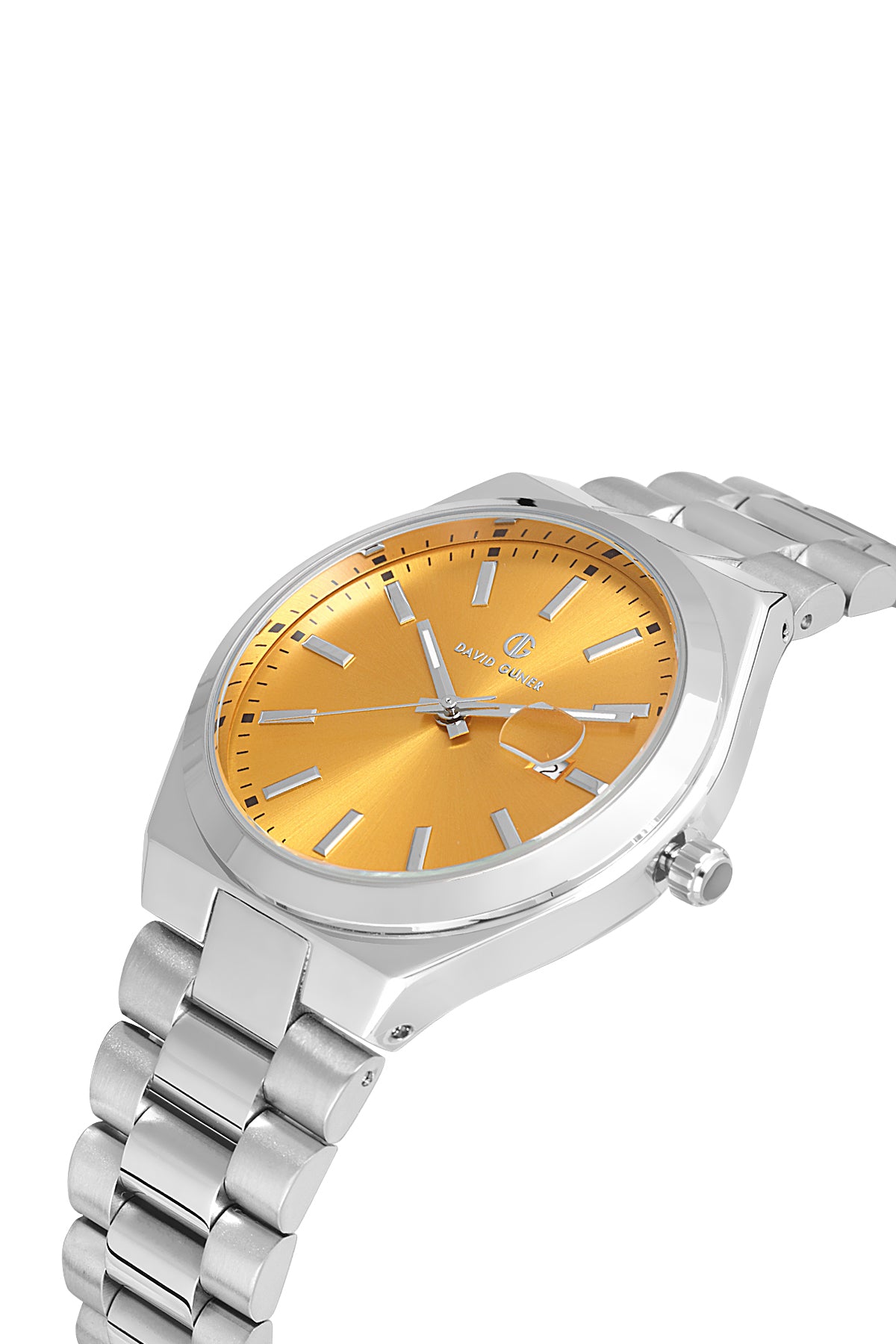 David Guner 8697GA-A12 men's watch with yellow dial, silver-tone case and stainless steel bracelet – angled view