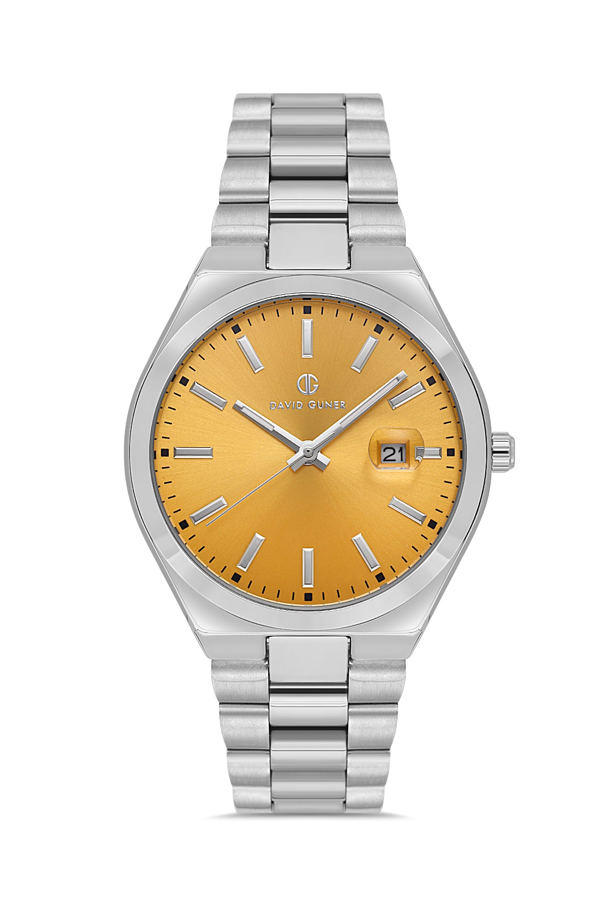 David Guner 8697GA-A12 men's watch with yellow dial, silver-tone case and stainless steel bracelet – front view