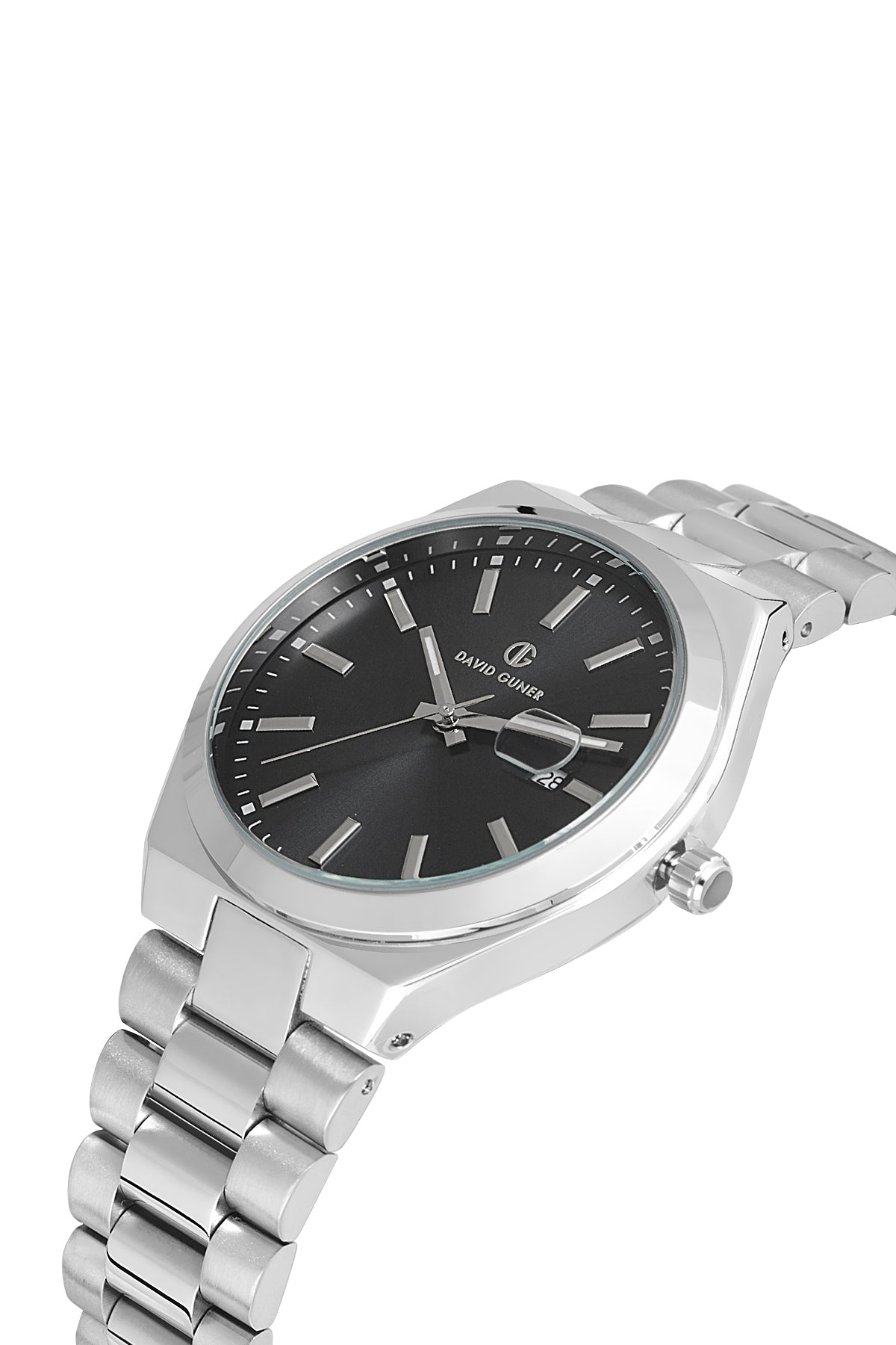 David Guner 8697GA-A2 men's watch with black dial, silver-tone case and stainless steel bracelet – angled view