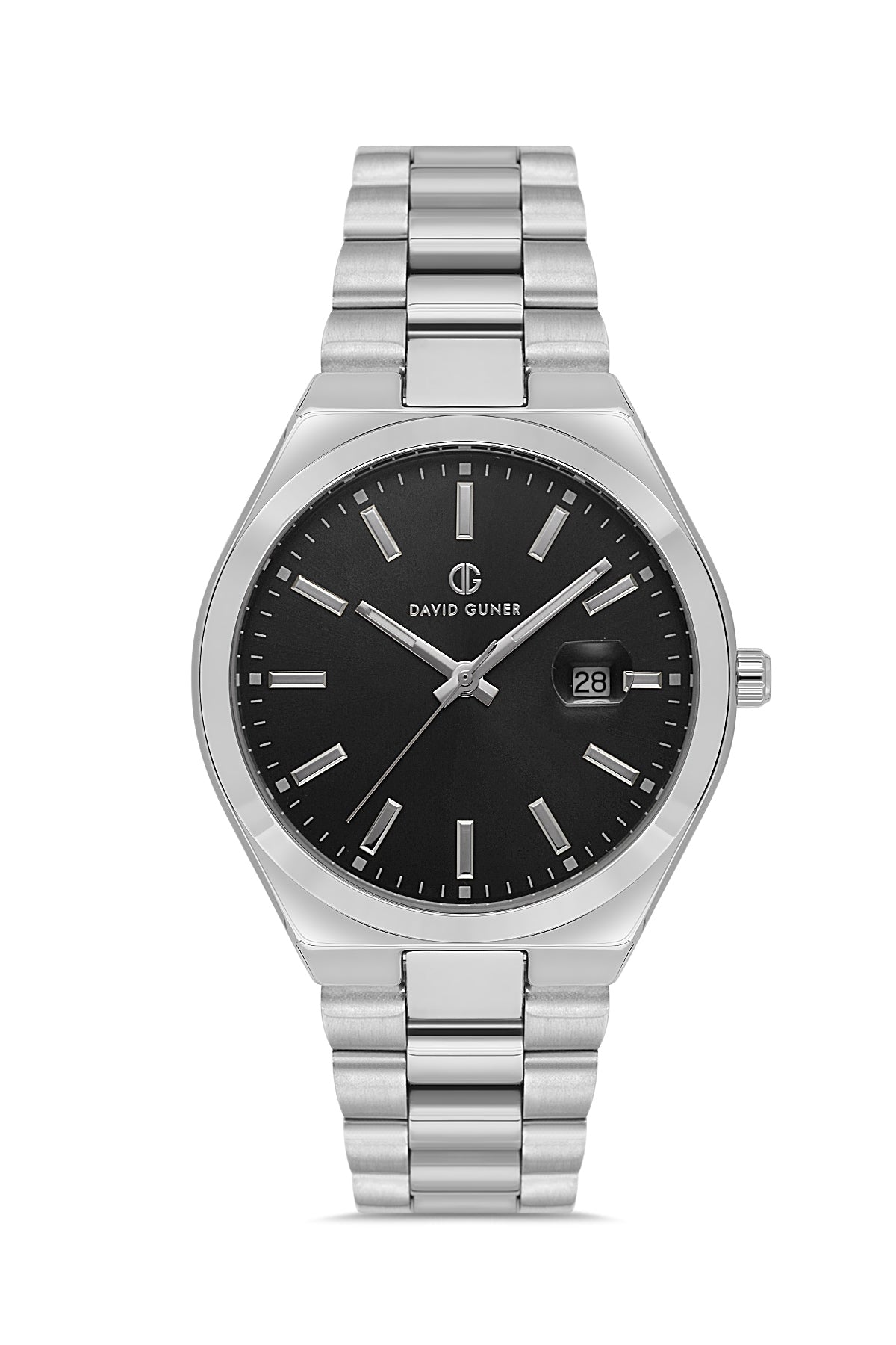David Guner 8697GA-A2 men's watch with black dial, silver-tone case and stainless steel bracelet – front view