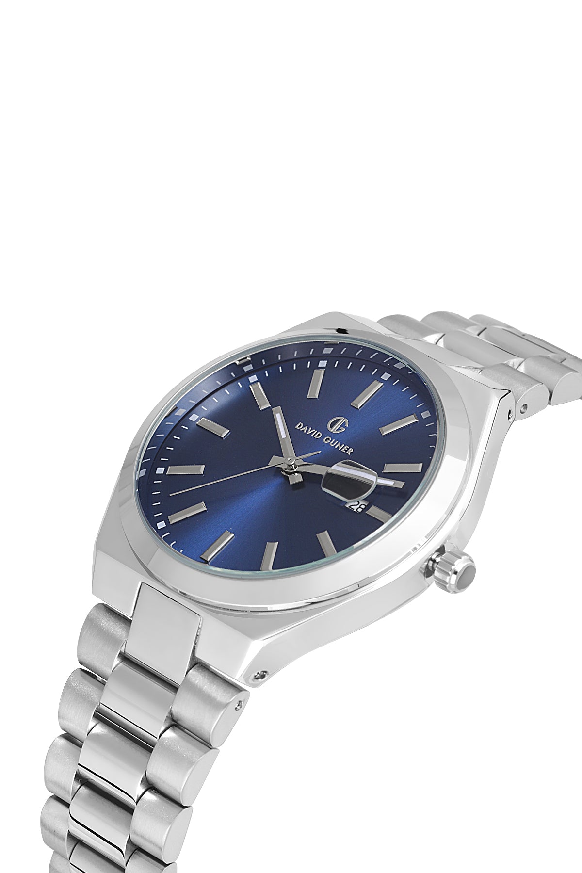 David Guner 8697GA-A3 men's watch with blue dial, silver-tone case and stainless steel bracelet – angled view