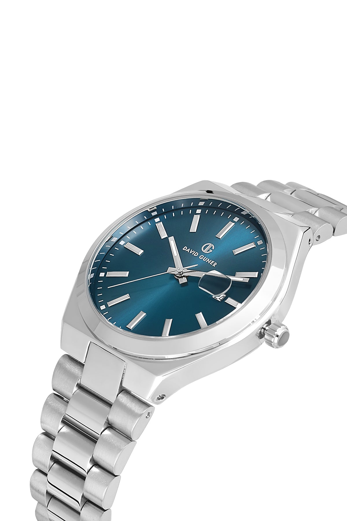 David Guner 8697GA-A3A men's watch with teal dial, silver-tone case and stainless steel bracelet – angled view