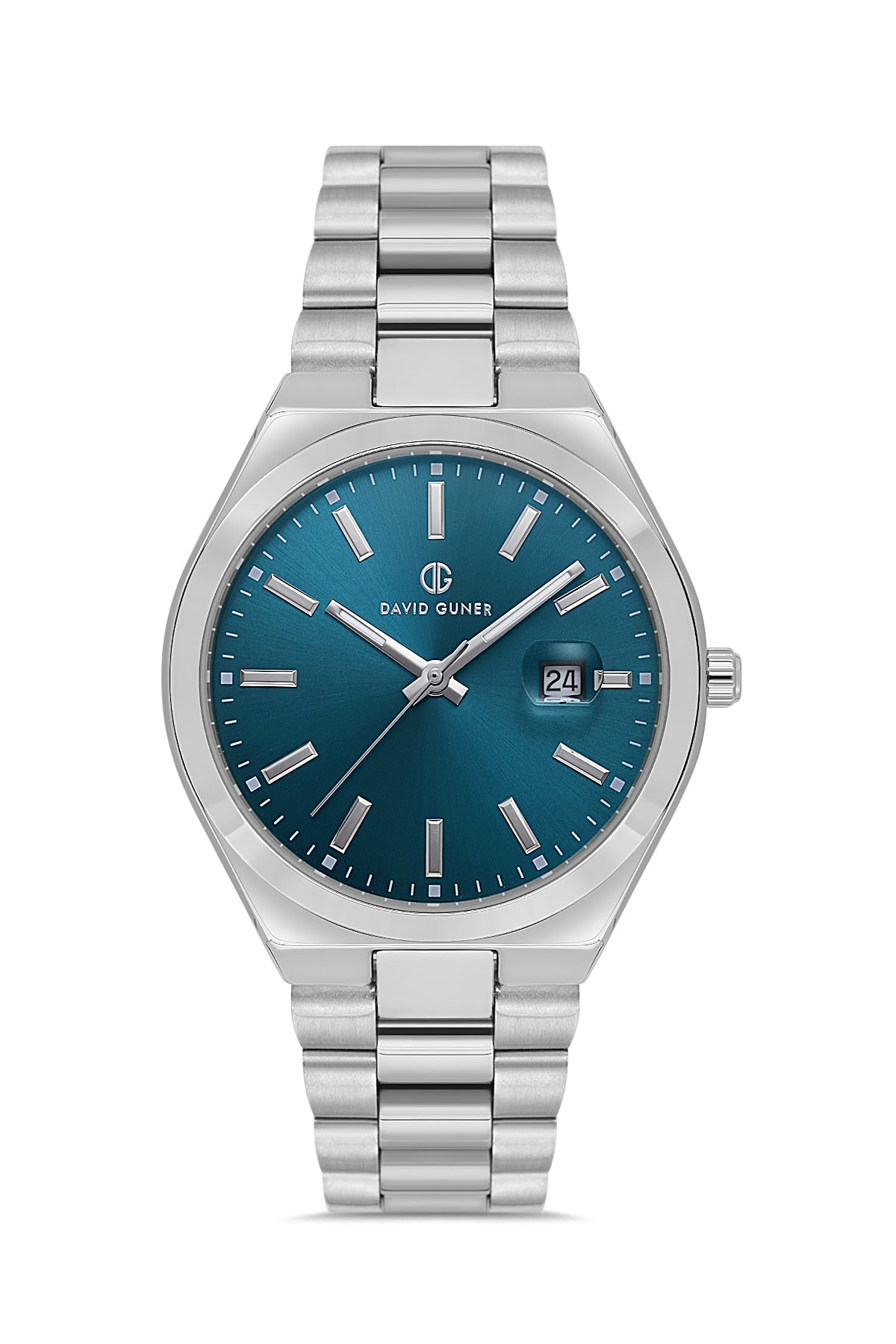 David Guner 8697GA-A3A men's watch with teal dial, silver-tone case and stainless steel bracelet – front view