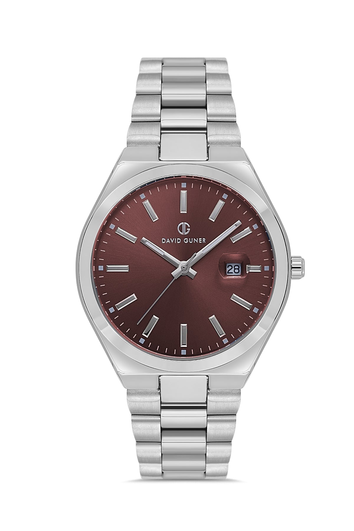 David Guner 8697GA-A6 men's watch with burgundy dial, silver-tone case and stainless steel bracelet – front view