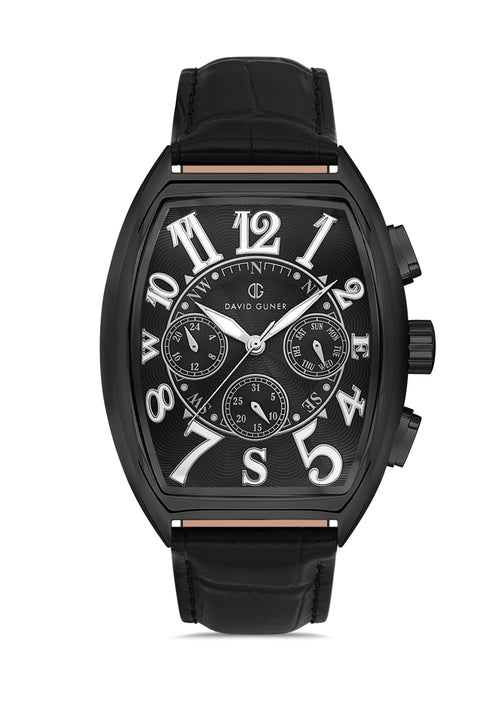 David Guner 8707GB-G2 men's watch with black dial, black ion-plated case and black genuine leather strap – front view