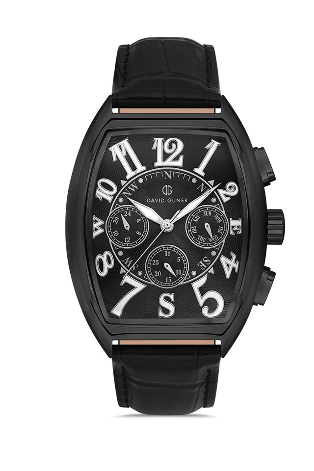 David Guner 8707GB-G2 men's watch with black dial, black ion-plated case and black genuine leather strap – front view