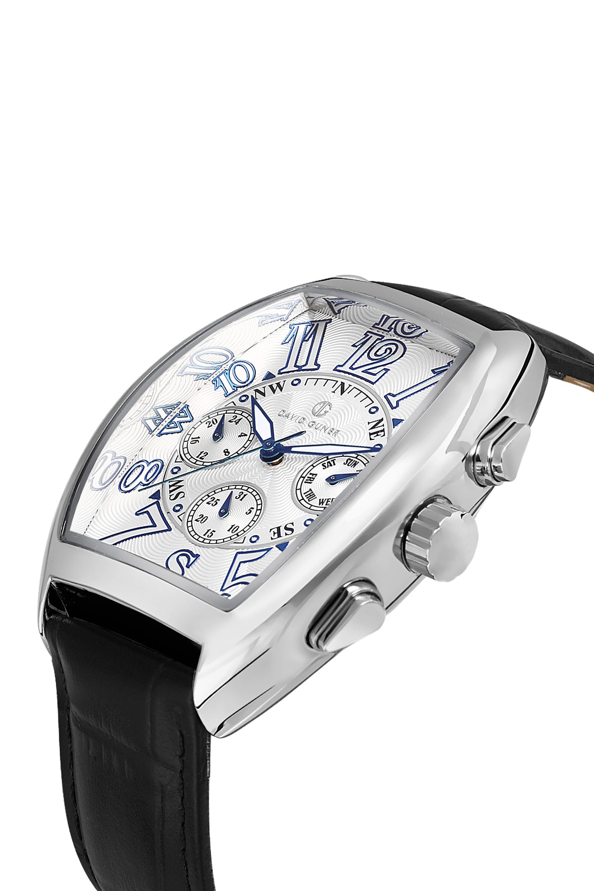 David Guner 8707GB-J1 men's watch with white dial, silver-tone case and black genuine leather strap – angled view