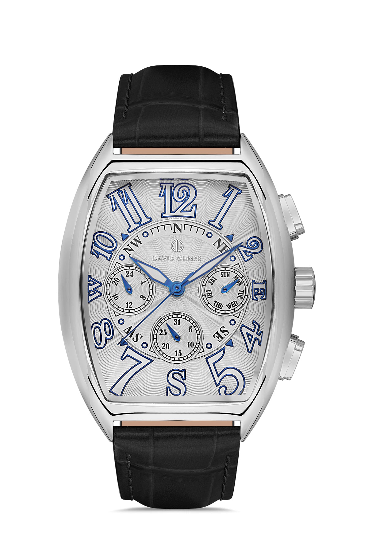 David Guner 8707GB-J1 men's watch with white dial, silver-tone case and black genuine leather strap – front view