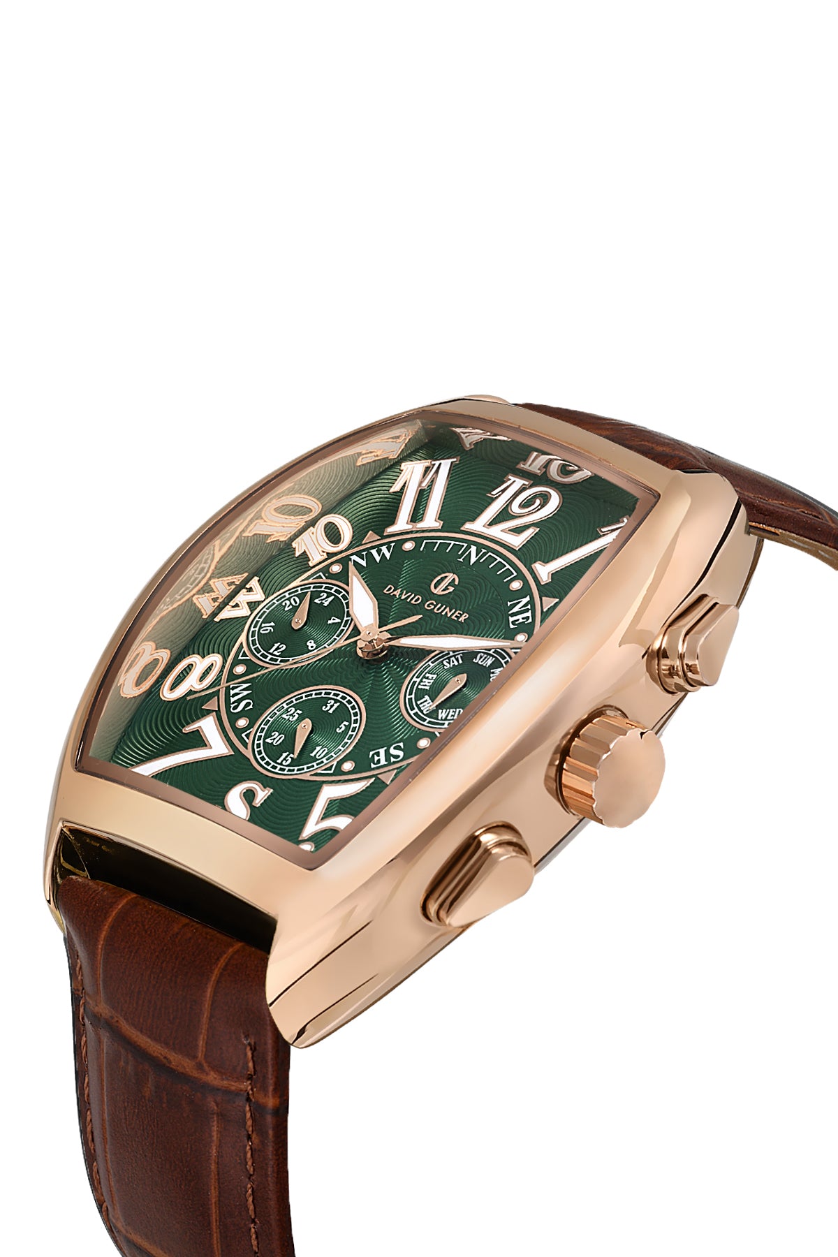 David Guner 8707GB-S10 men's watch with green dial, rose gold-tone case and brown genuine leather strap – angled view