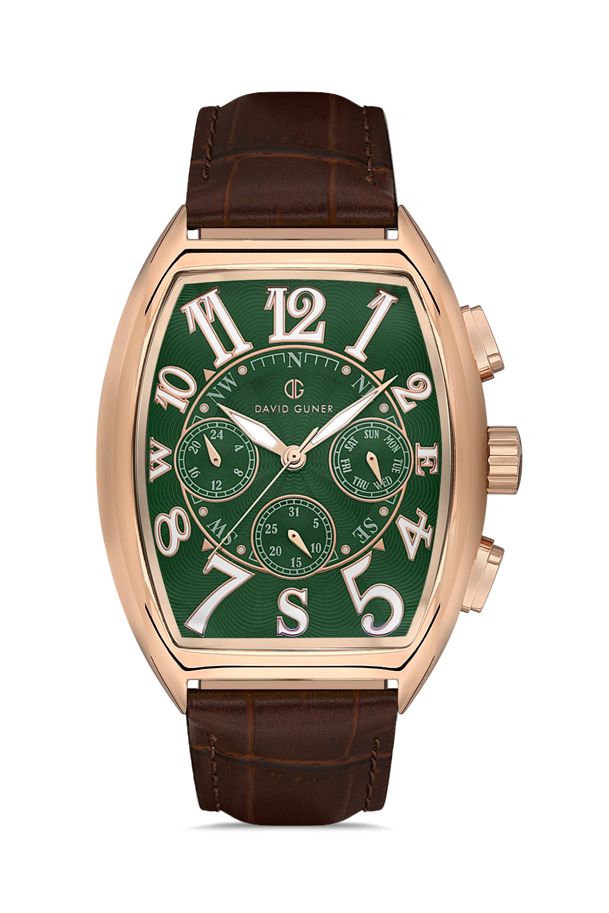 David Guner 8707GB-S10 men's watch with green dial, rose gold-tone case and brown genuine leather strap – front view