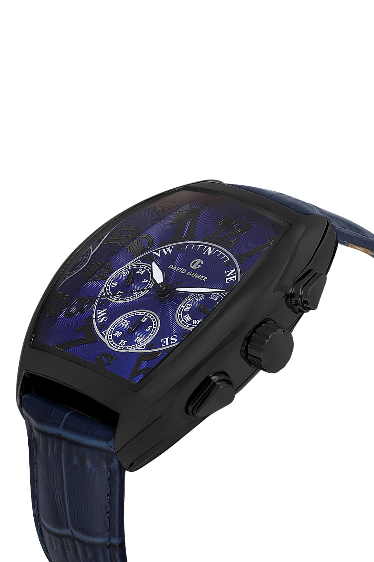 David Guner 8707GB-ZA3 men's watch with blue dial, black ion-plated case and blue genuine leather strap – angled view