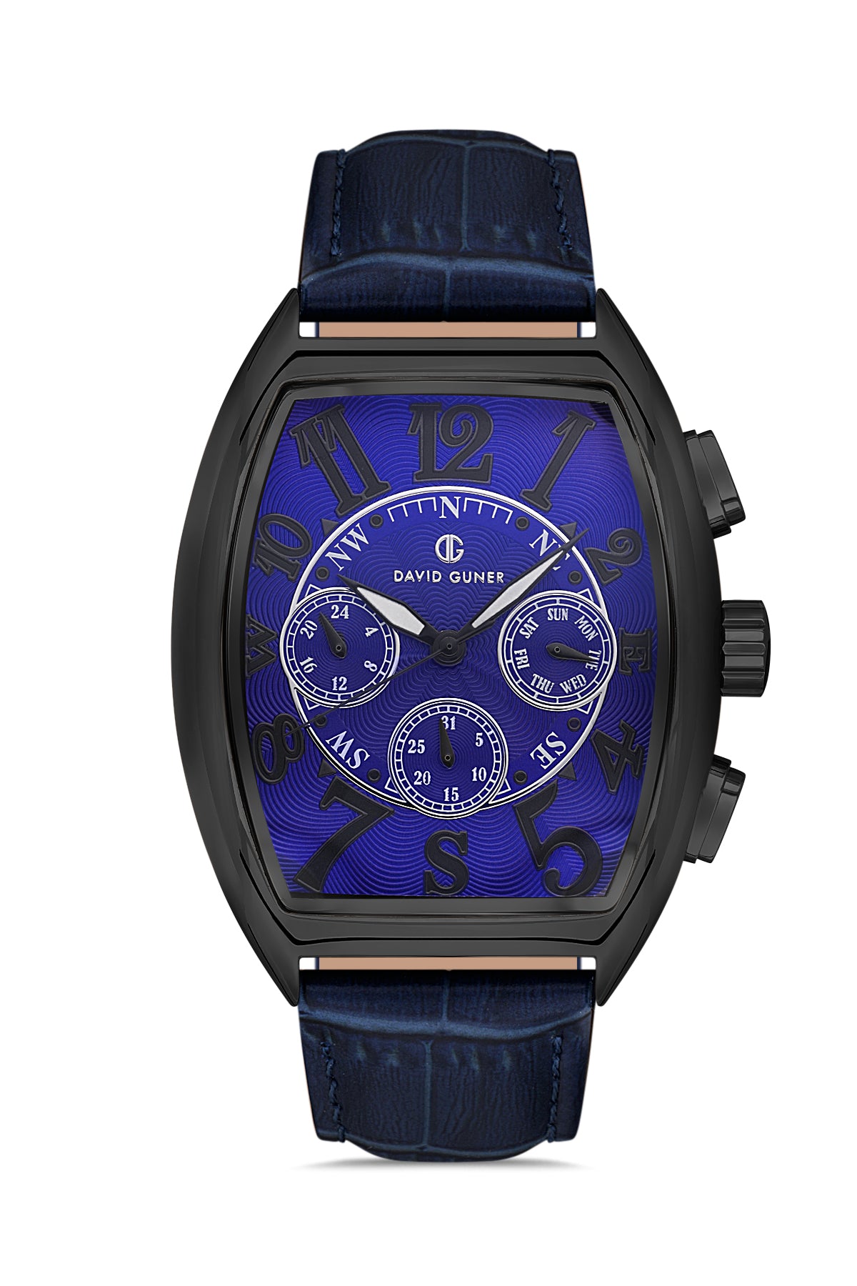 David Guner 8707GB-ZA3 men's watch with blue dial, black ion-plated case and blue genuine leather strap – front view