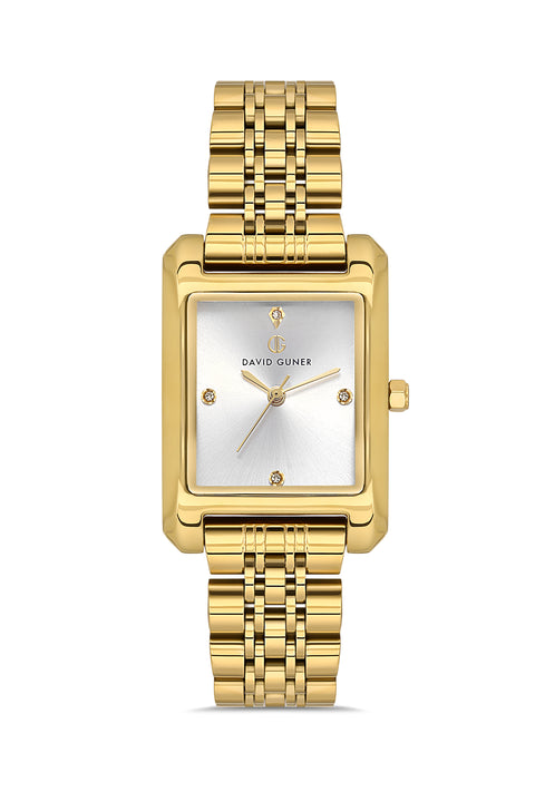 David Guner 8729LA-B1 women's watch with silver dial, gold-tone case and stainless steel bracelet – front view