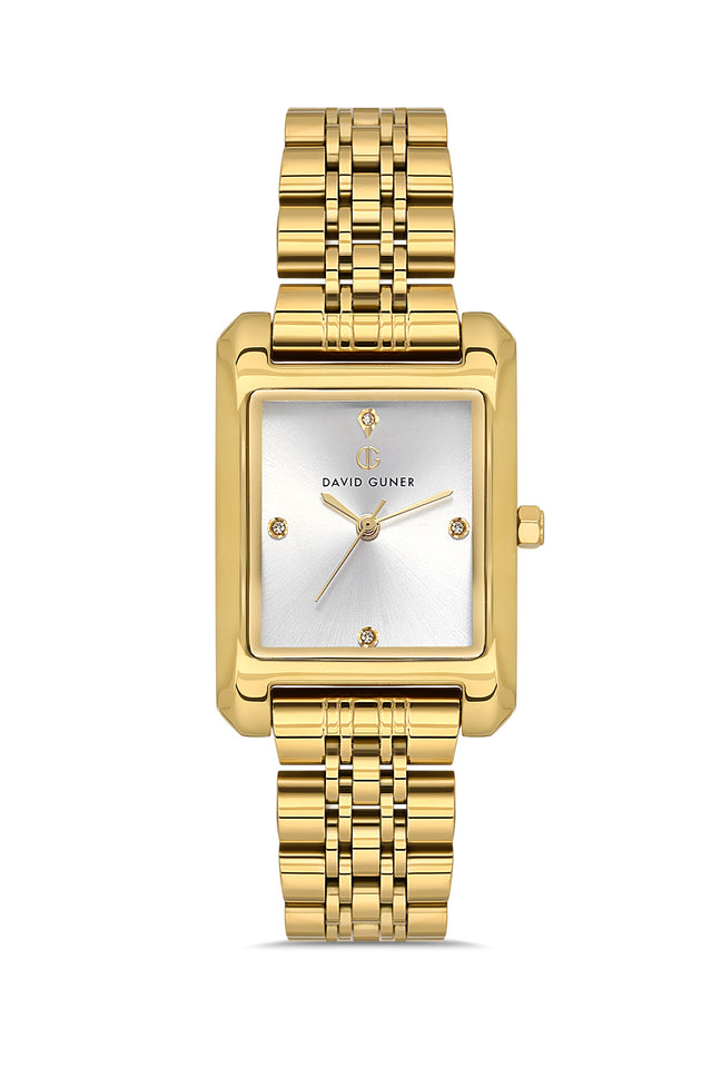 David Guner 8729LA-B1 women's watch with silver dial, gold-tone case and stainless steel bracelet – front view