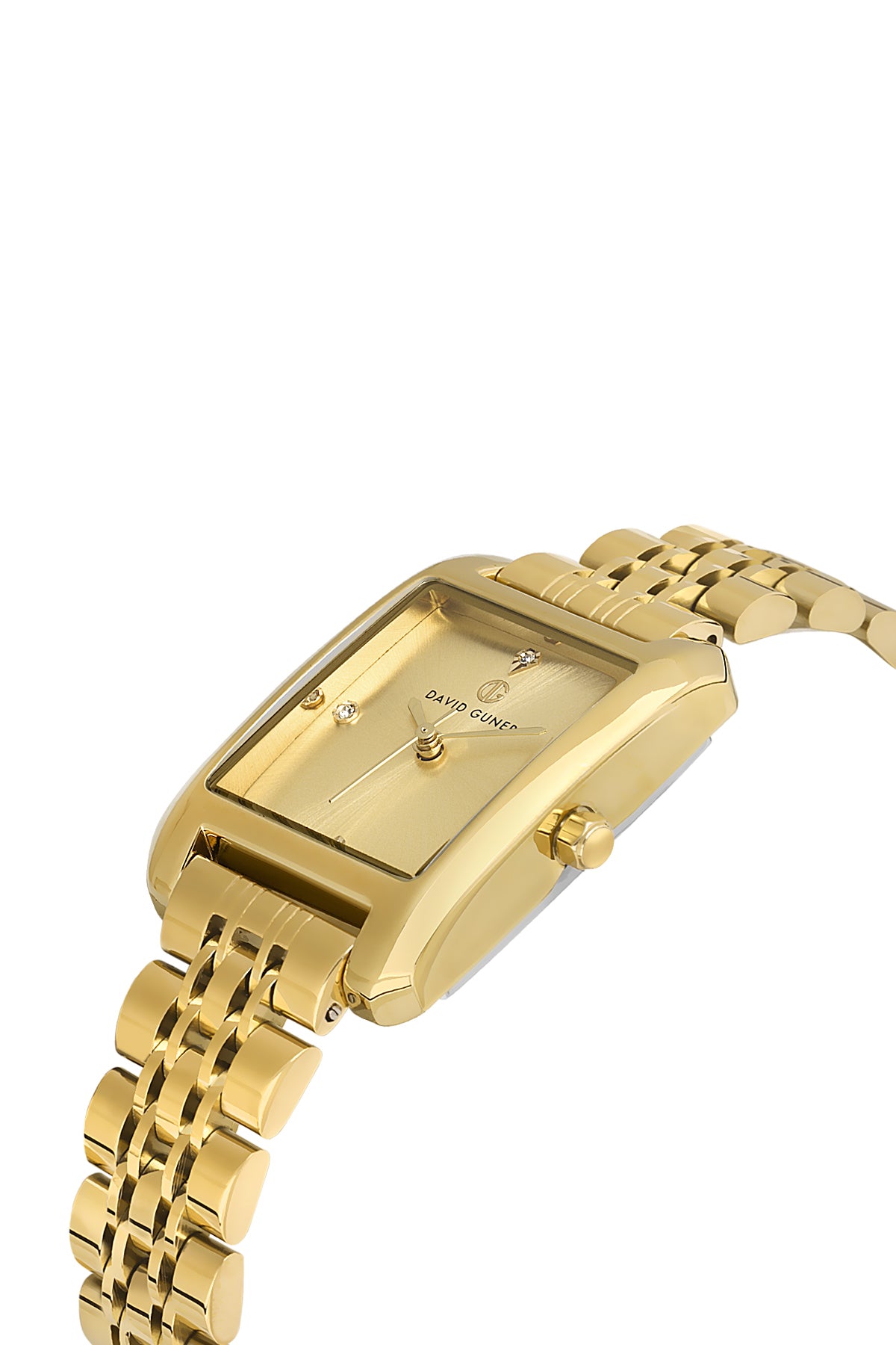David Guner 8729LA-B4 women's watch with gold dial, gold-tone case and stainless steel bracelet – angled view
