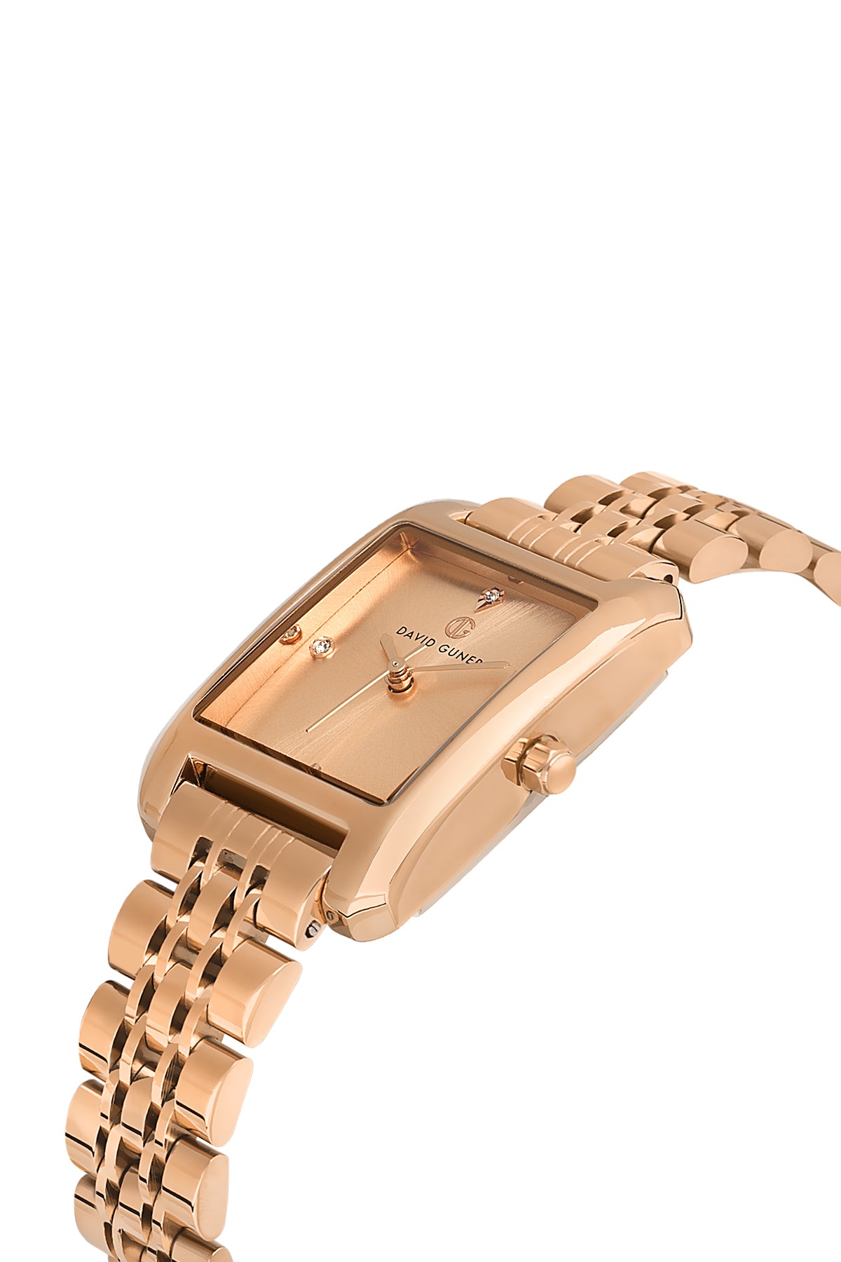 David Guner 8729LA-C5 women's watch with rose dial, rose gold-tone case and stainless steel bracelet – angled view